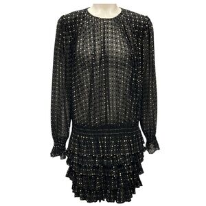 SAINT LAURENT BLACK / GOLD 2019 RUFFLED LONG SLEEVED SILK MINI DRESS